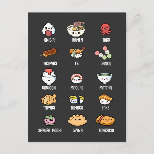 Cute Asian Food Kawaii Sushi Ris Fish Ramen Älskar Vykort (Framsida)