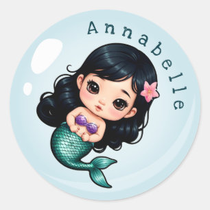 Cute Asian-Sjöjungfru i en Bubble Personalize Runt Klistermärke