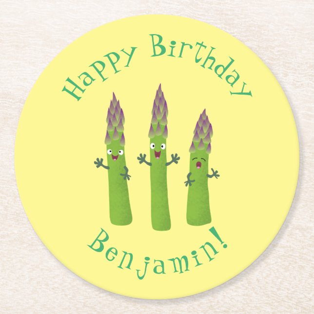 Cute asparagus singel vegetabilisk trio-tecknad underlägg papper rund (Framsidan)