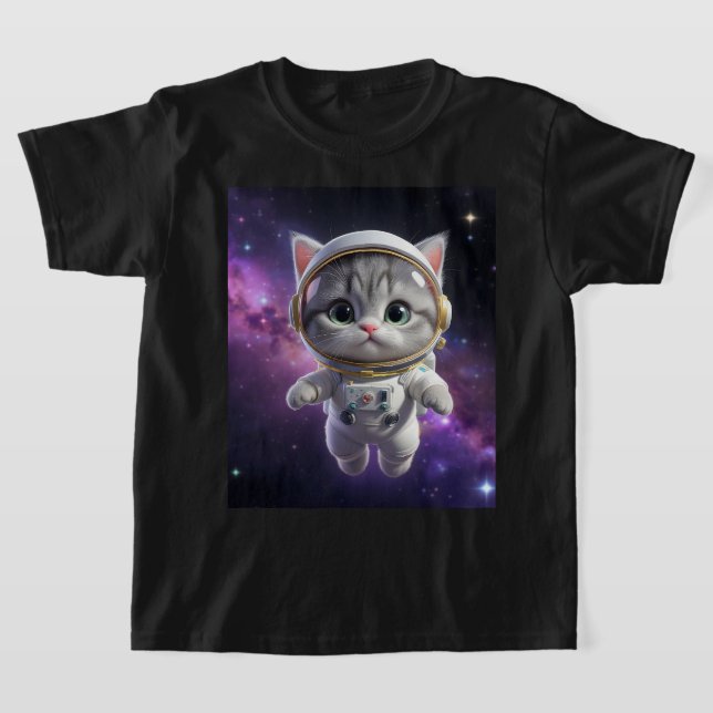 Cute Astronaut Cat in Space - 3D Cosmic Galaxy T Shirt (Laydown)