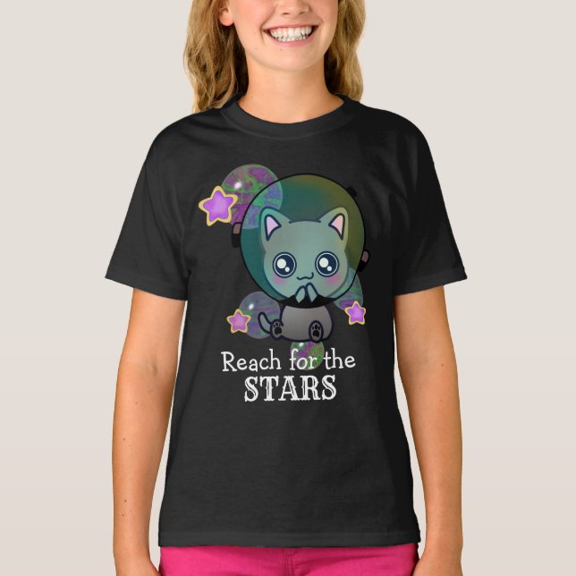 Cute Astronaut Cat in Space with Stars T-Shirt (Framsida)