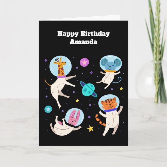Cute Astronaut-djur som Flyter i Space Birthday Kort (Framsida)