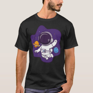 Cute Astronaut Flyter i rymden med planeten T Shirt