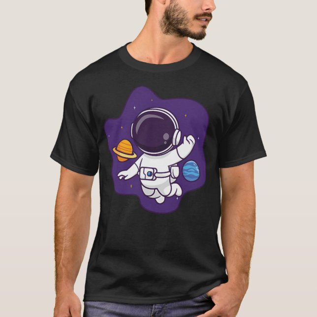 Cute Astronaut Flyter i rymden med planeten T Shirt (Framsida)