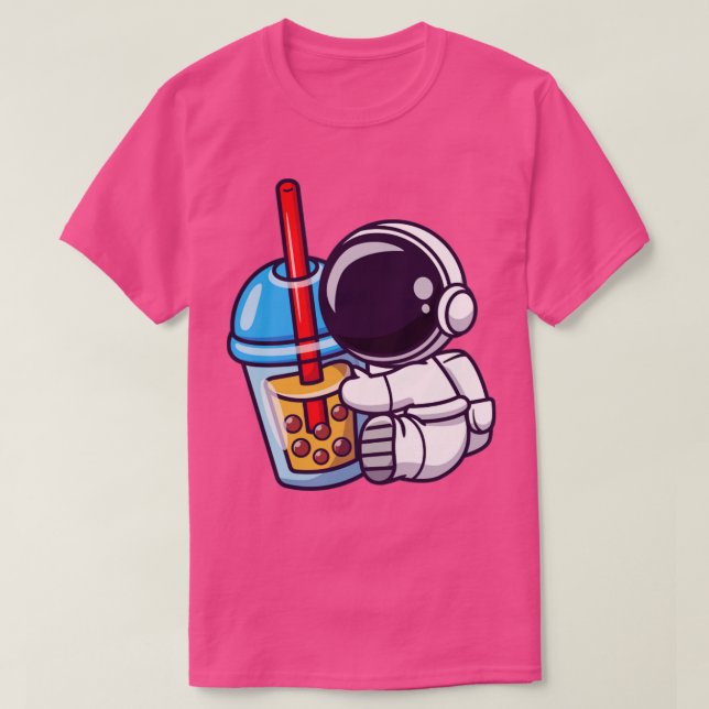 Cute Astronaut Holding Boba Mjölk Tea Tecknad1 T Shirt (Design framsida)