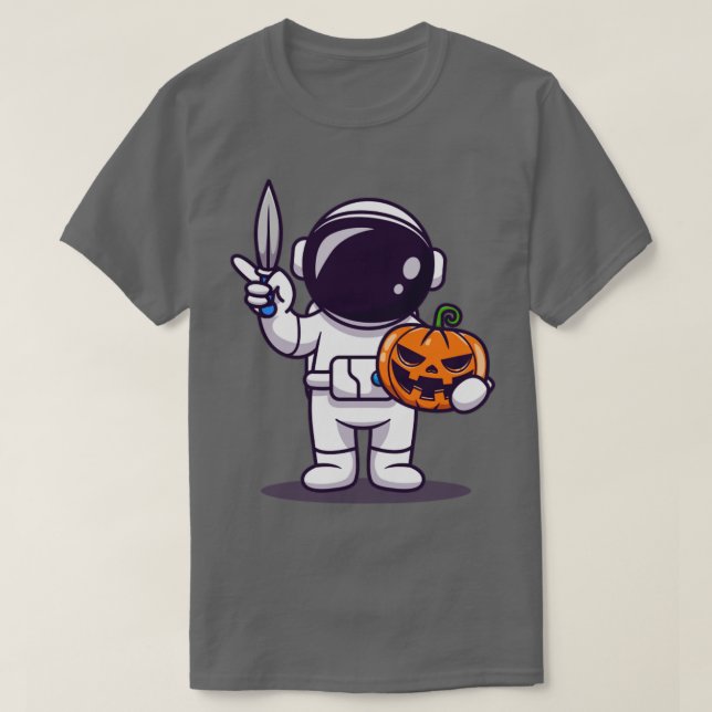 Cute Astronaut Holding Knivar och Pumpkin Tecknad T Shirt (Design framsida)