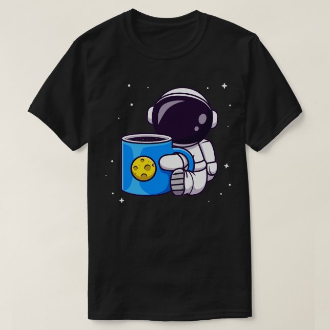 Cute Astronaut Holding Kopp Coffee Space Tecknad T Shirt (Design framsida)
