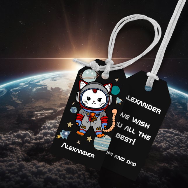 Cute astronaut-katt i rymden presentetikett (Skapare uppladdad)