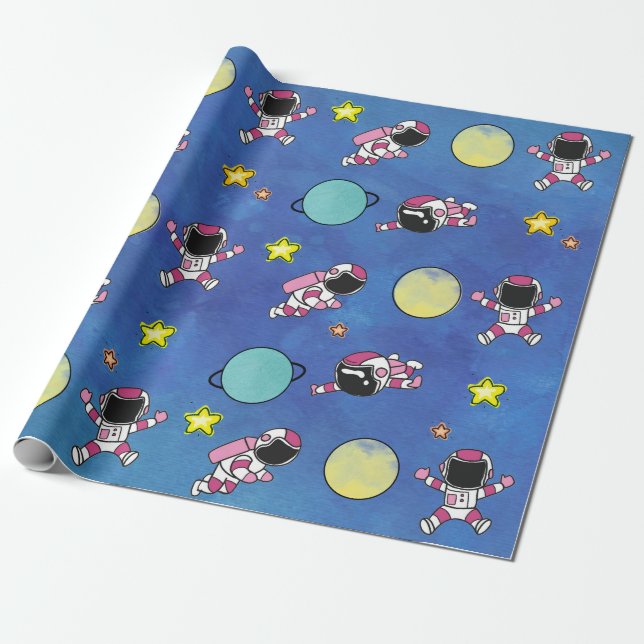 Cute Astronaut Rymden Star Planet Presentpapper (Utrullad)