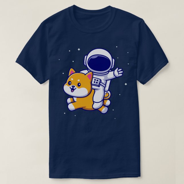 Cute Astronaut som flyger med Shiba Inu Hund i rym T Shirt (Design framsida)