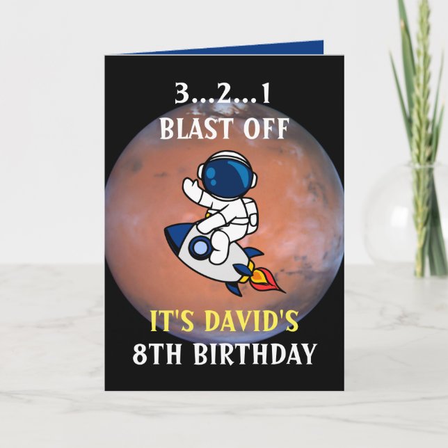 Cute Astronaut Space Rocket Mars Blue 8 Birth Day Kort (Framsida)