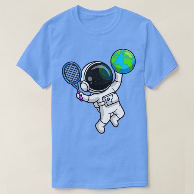 Cute Astronaut Spelar Earth Globe Tennis Tecknad T Shirt (Design framsida)