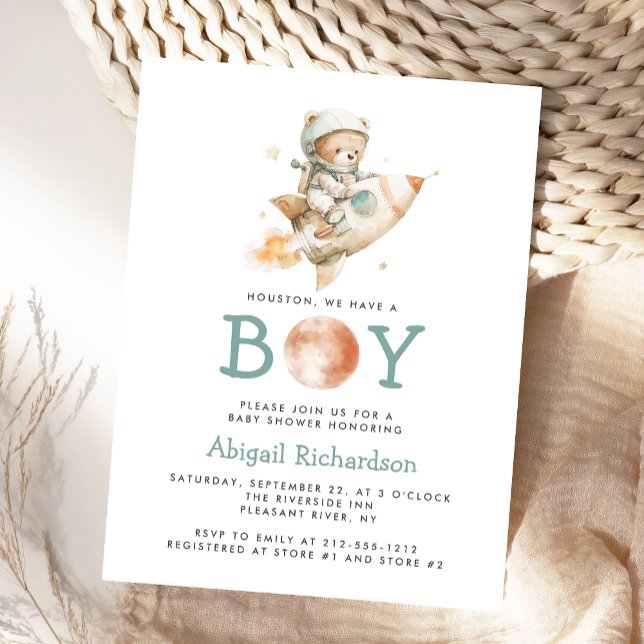 Cute Astronaut Teddy Bear Boy Baby Shower Invite Vykort (Skapare uppladdad)