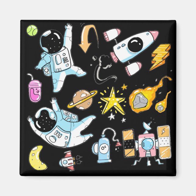 Cute Astronauter i Space Doodles Kids Magnet (Framsidan)