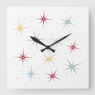 Cute Atomic Starburst Mid Century Mönster Fyrkantig Klocka