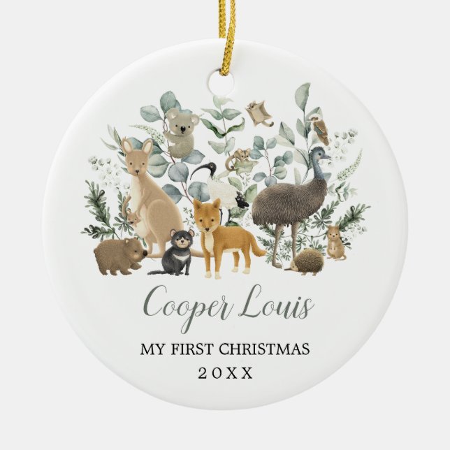 Cute Aussie Animals Greenery Baby 1:a jul Julgransprydnad Keramik (Framsidan)