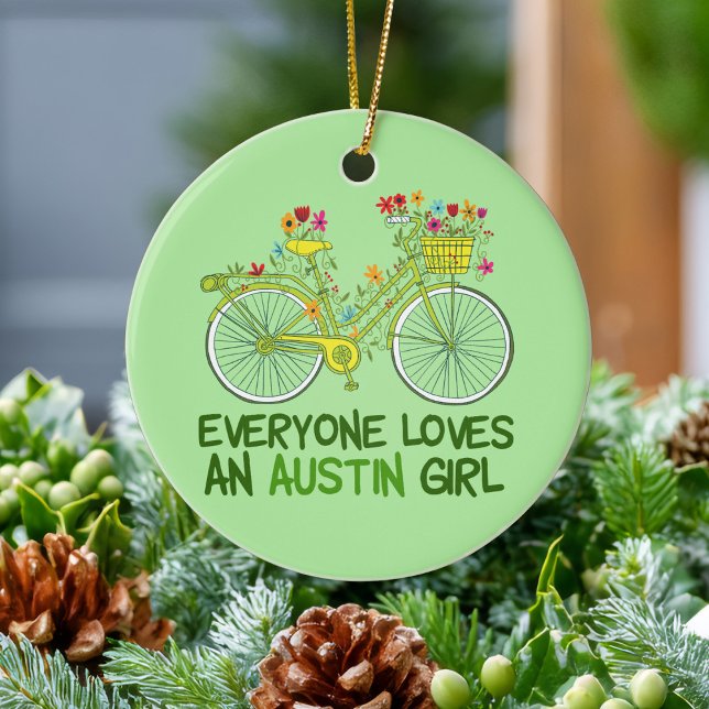 Cute Austin Girl Bicycle Julgransprydnad Keramik (Skapare uppladdad)