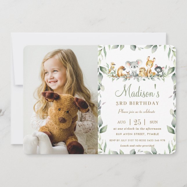 Cute Australian Animals Greenery Birthday Photo Inbjudningar (Framsida)