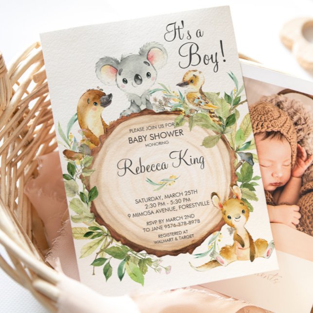 Cute Australian Animals Koala Baby Shower Neutralt Inbjudningar (cute australian animals koala kangaroo platypus kookaburra wood baby shower invitation cards )