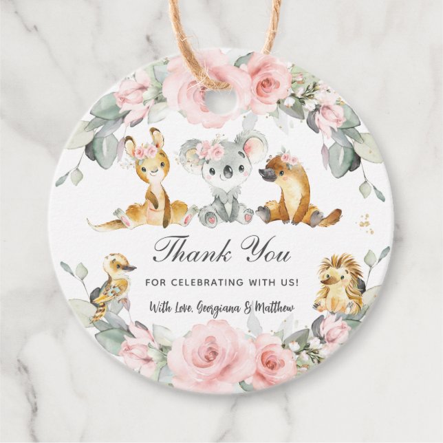 Cute Australian Animals Rosa Blommigt Greenery Gåvor Etiketter (Framsida)