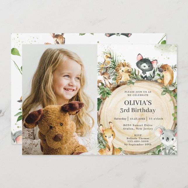 Cute Australian Animals Rustic Wood Birthday Photo Inbjudningar (Fram/baksida)