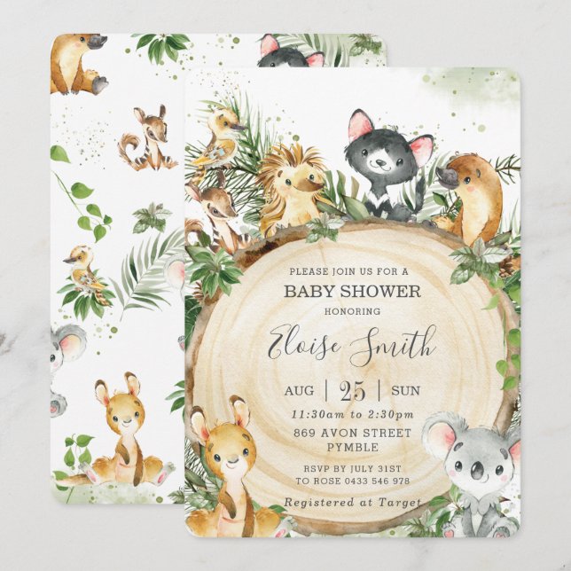 Cute Australian Animals Wood Greenery Baby Shower Inbjudningar (Fram/baksida)