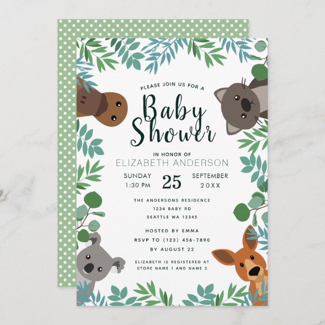 Cute Australian Critters Baby Shower-inbjudan Inbjudningar (Fram/baksida)