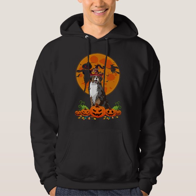 Cute Australian Shepherd Dog Witch Pumpkin Hallowe Hoodie (Framsida)