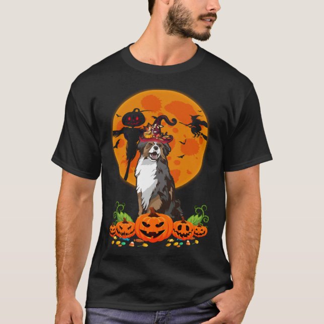 Cute Australian Shepherd Dog Witch Pumpkin Hallowe T Shirt (Framsida)