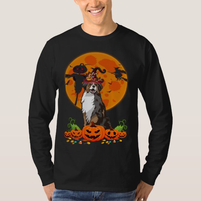 Cute Australian Shepherd Dog Witch Pumpkin Hallowe T Shirt (Framsida)
