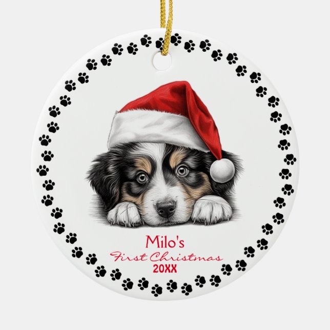 Cute Australian shepherd Hund Santa Hat Pencil Art Julgransprydnad Keramik (Framsidan)