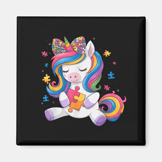 Cute Autism Awareness Toddler Girl Bow Unicorn Puz Magnet (Framsidan)