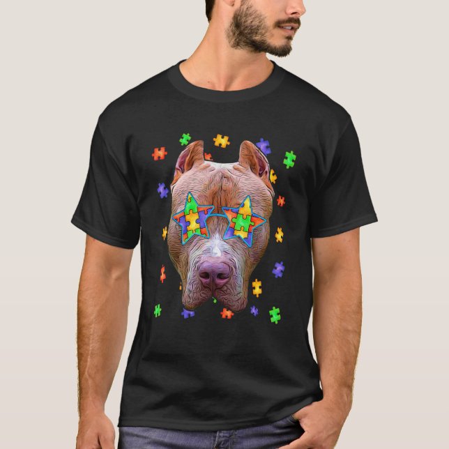 Cute Autism Pitbull Hund Puzzle Sunglasses Pet Own T Shirt (Framsida)