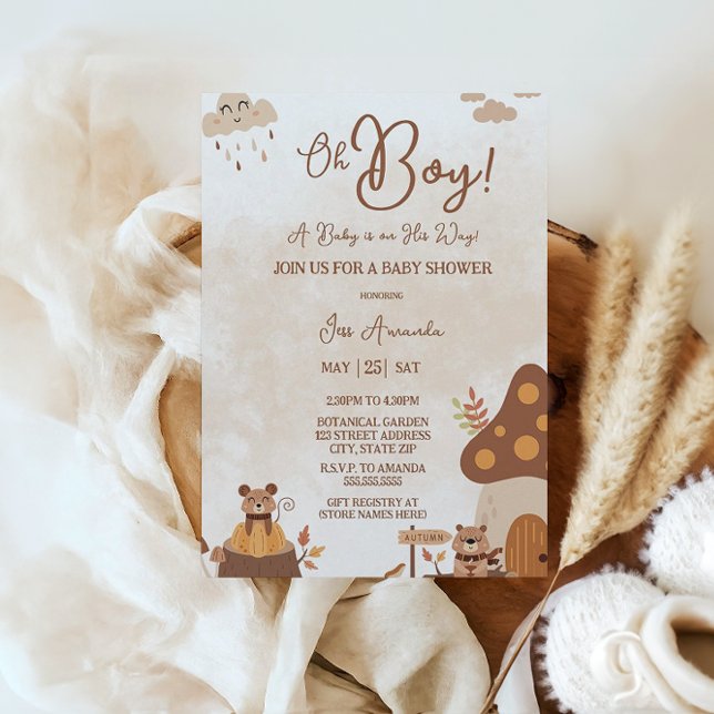 Cute Autumn Animals Forest Oh Boy Baby Shower Inbjudningar (Skapare uppladdad)