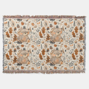 Cute Autumn Bear & Woodland Foliage Mönster Filt