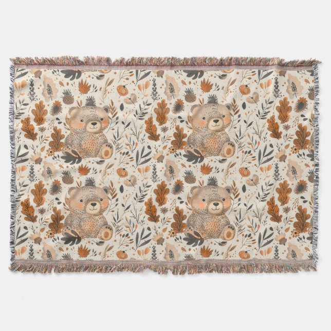 Cute Autumn Bear & Woodland Foliage Mönster Filt (Framsidan)