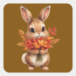 ​ Cute Autumn Bunny med Fall Flowers-märke Fyrkantigt Klistermärke