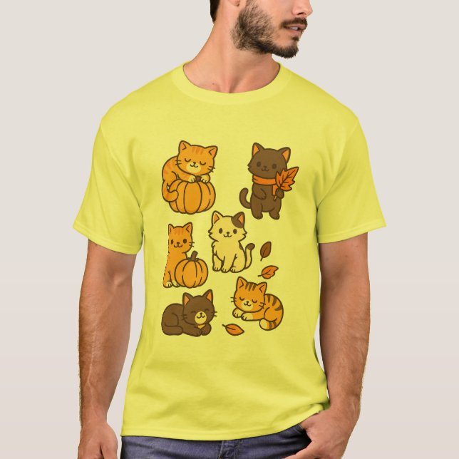 Cute Autumn Cats with Pumpkins and Leaves Fall  T Shirt (Framsida)