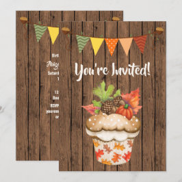 Cute Autumn Cuptårta och Bunting Fall Birthday Inbjudningar