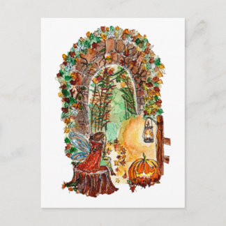 Cute Autumn Fairy Halloween Watercolor Vykort