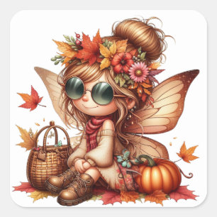Cute Autumn Fairy Stickers Fyrkantigt Klistermärke