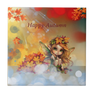 Cute Autumn Fairy with Fallen Löv Kakelplatta