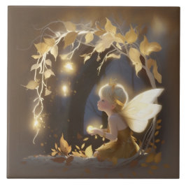 Cute Autumn Fairy with Glowing Flowers Kakelplatta