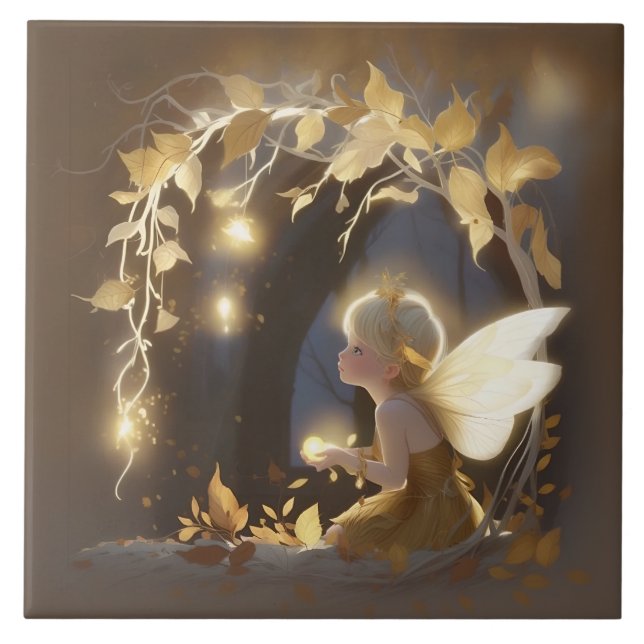 Cute Autumn Fairy with Glowing Flowers Kakelplatta (Framsidan)