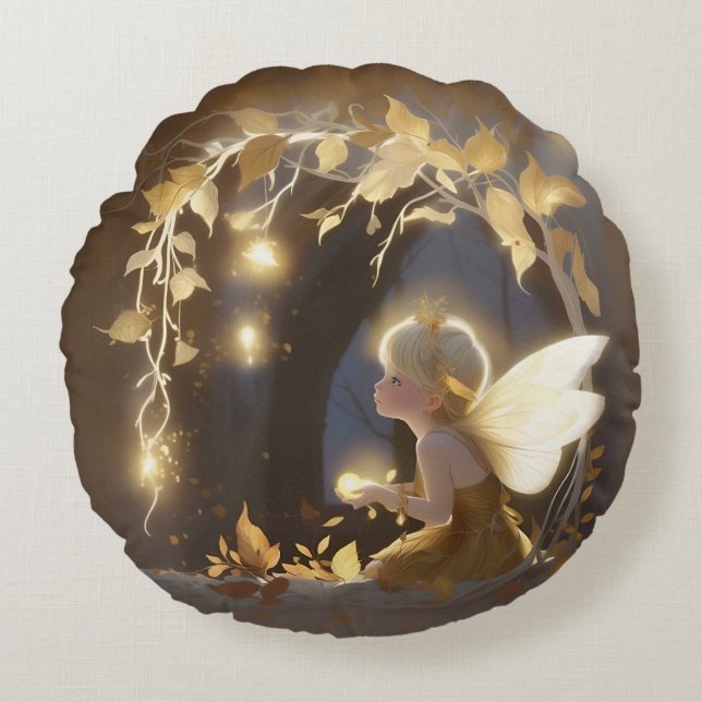 Cute Autumn Fairy with Glowing Flowers Rund Kudde (Framsidan)
