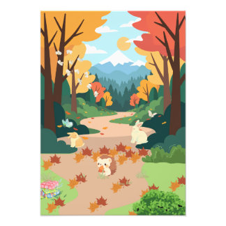 Cute Autumn Forest Animals Cozy Landscape Art Post Fototryck