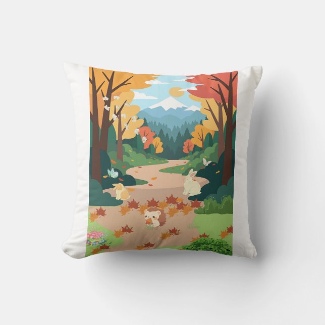 Cute Autumn Forest Animals Cozy Landscape Art Post Kudde (Framsida)