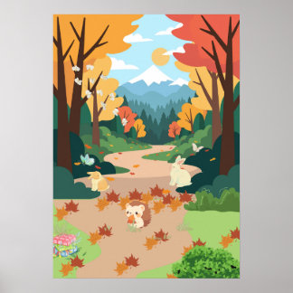 Cute Autumn Forest Animals Cozy Landscape Art Post Poster