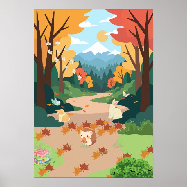 Cute Autumn Forest Animals Cozy Landscape Art Post Poster (Framsidan)
