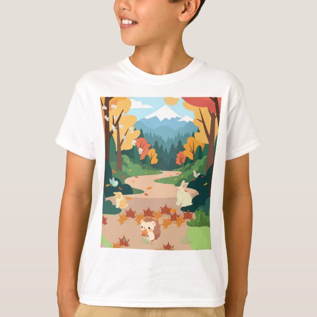 Cute Autumn Forest Animals Cozy Landscape Art Post T Shirt (Framsida)